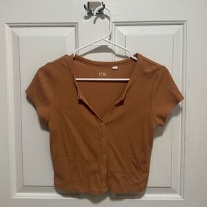 PacSun Brown Tan Fitted Crop Blouse button tshirt